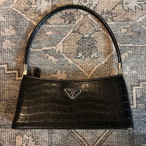 Prada Black Croc-Embossed Shoulder Bag